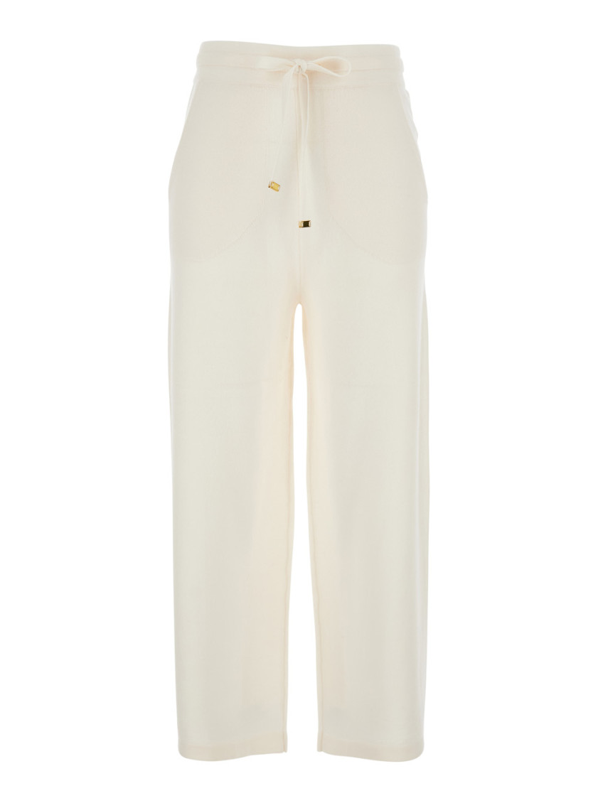 White Pants with Elasticated Waist Drawstring in Fabric Woman Trousers - Women