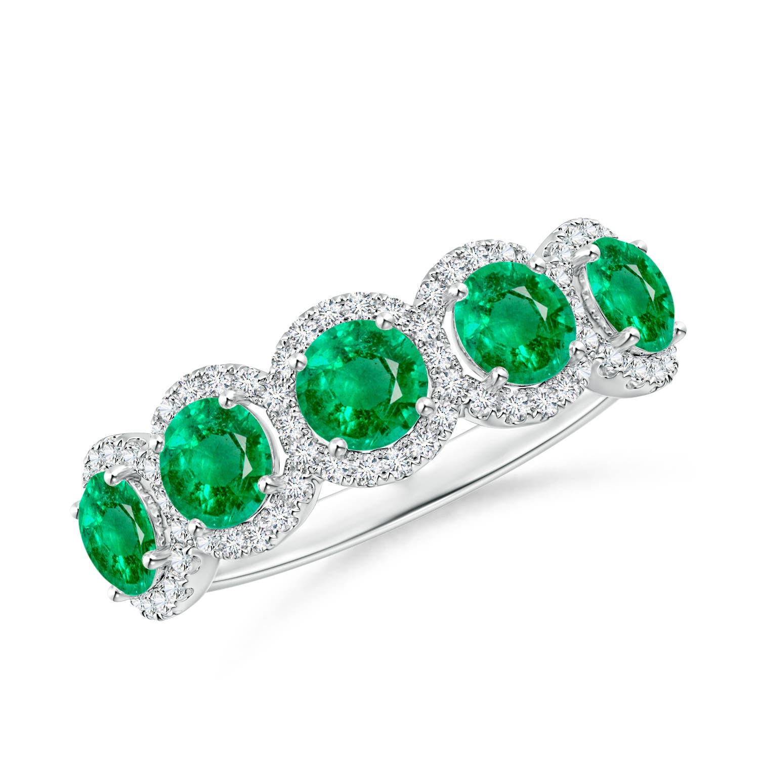 Angara 1.2 Carats Half Eternity Five-Stone Emerald Halo Ring in 18K White Gold