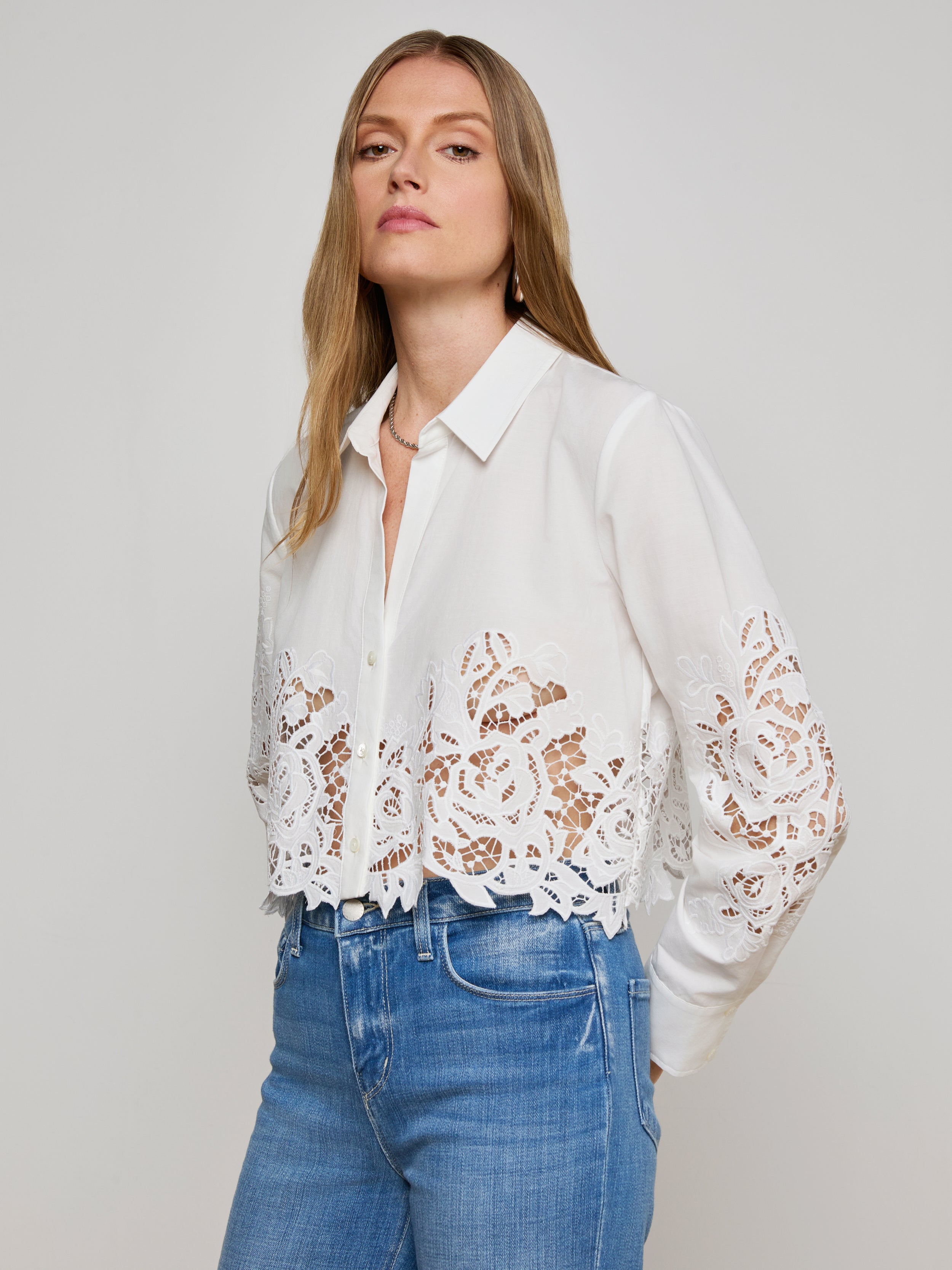 L'AGENCE Seychelle Cropped Lace Blouse Top In White