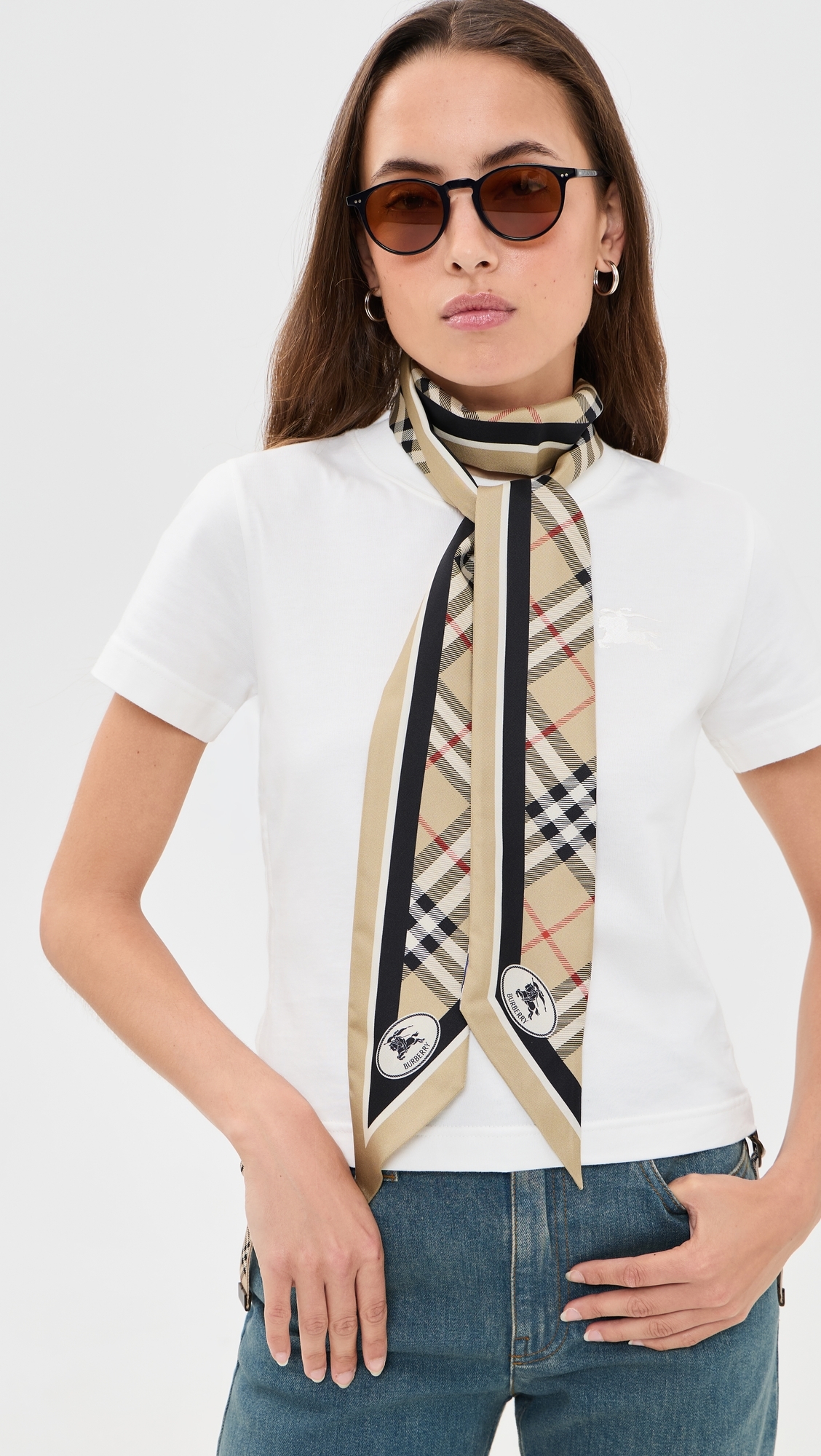 Check Silk Skinny Scarf Sand One Size
