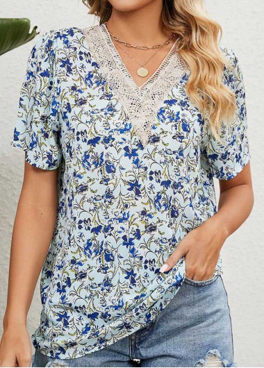 Modlily Light Blue Patchwork Floral Print Short Sleeve Blouse