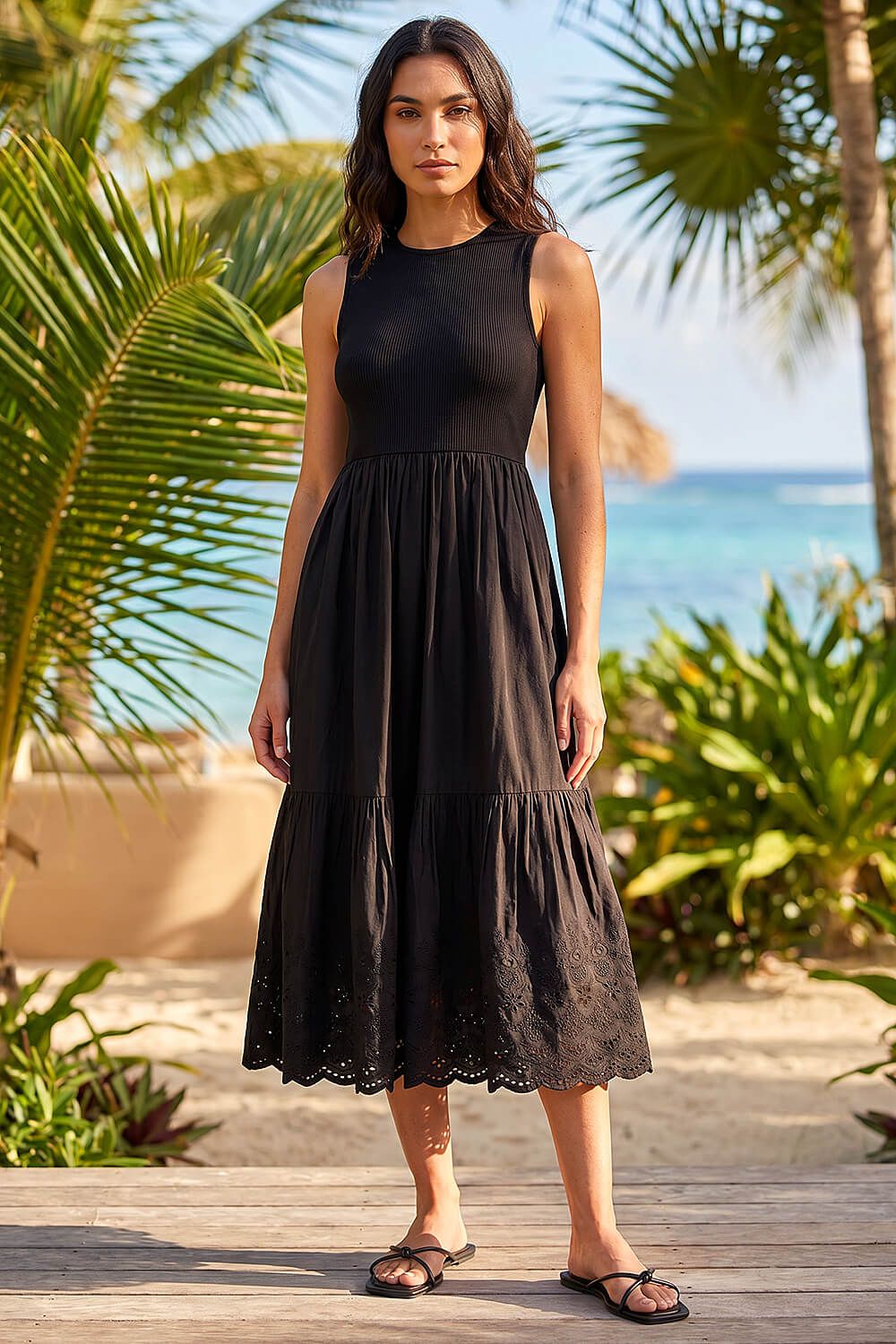 Roman Cotton Broderie Midi Dress In Black