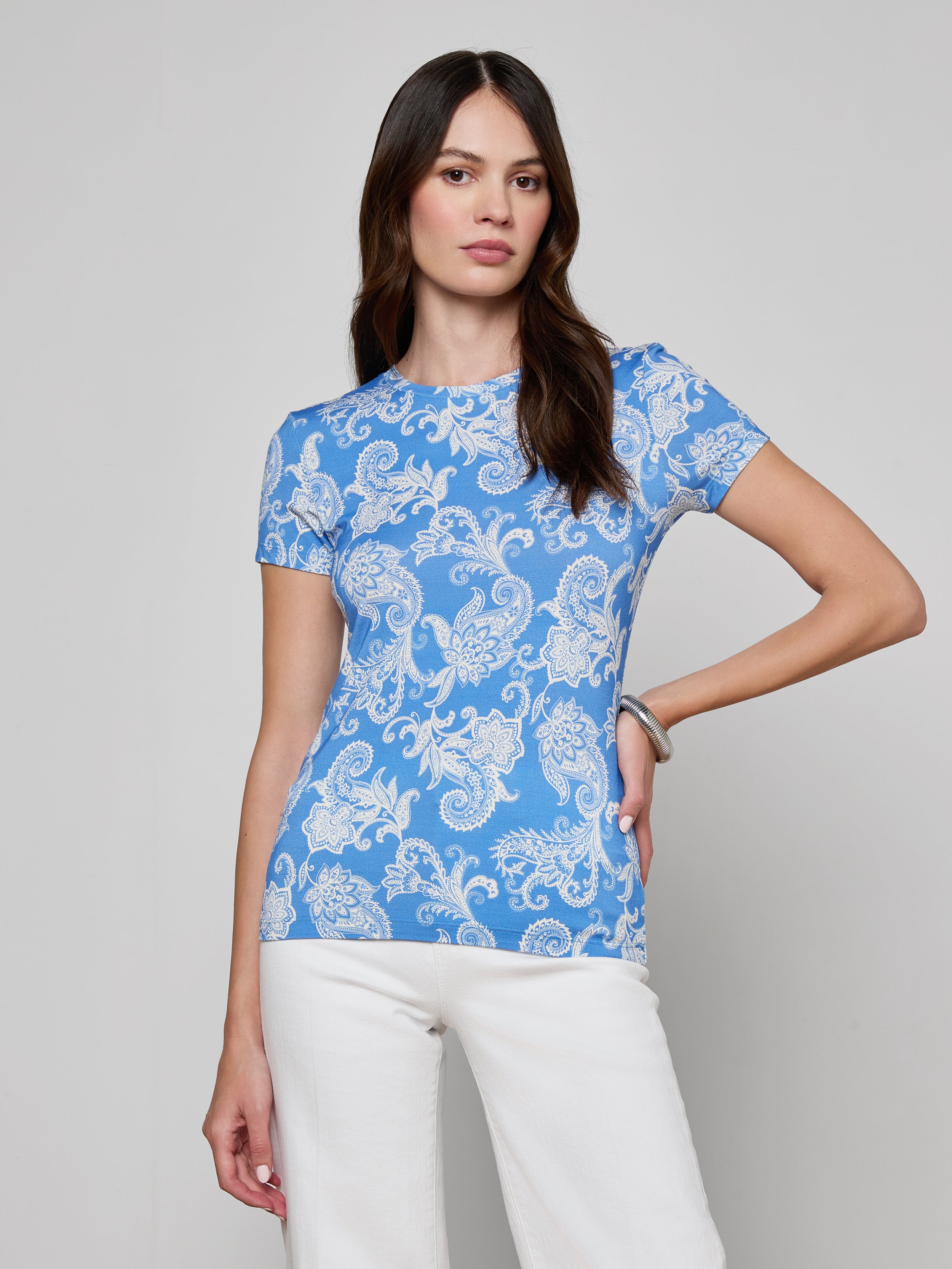 Ressi Fitted T-Shirt In Regatta Blue/ivory Paisley