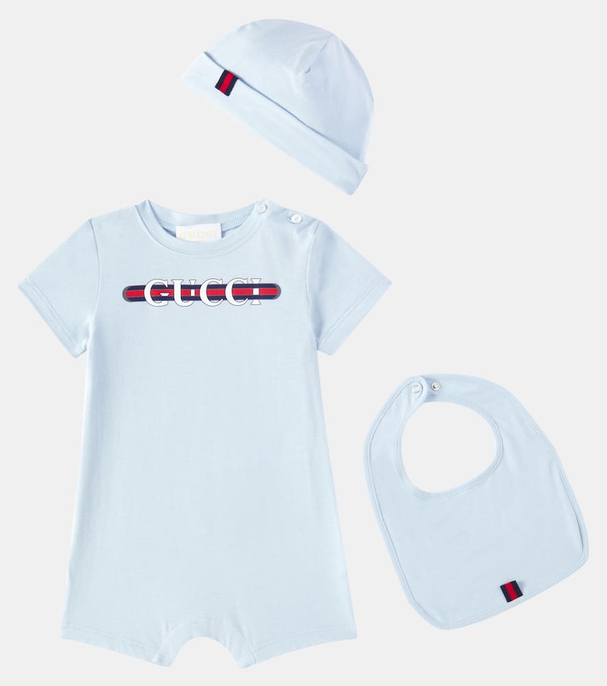 Gucci Kids Baby cotton playsuit, bib, and hat set