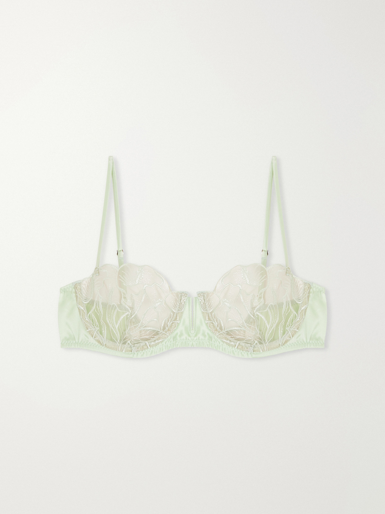 Calla Lily Floral-embroidered Mesh And Satin Balconette Bra - Green