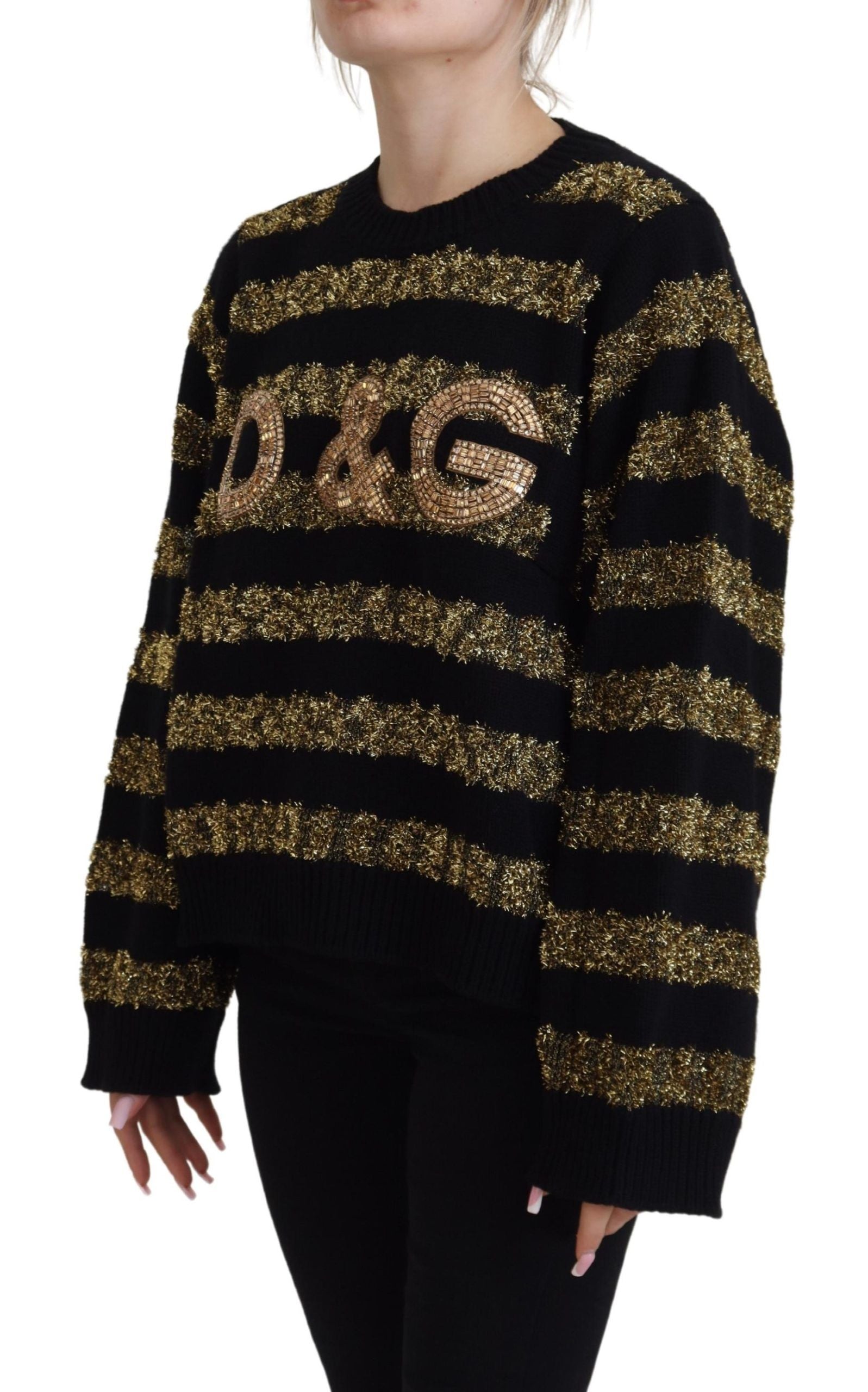 Crystal-Embellished Striped Cashmere Sweater — Black