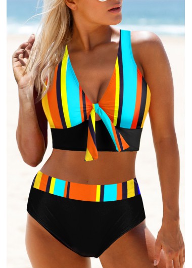 Modlily Rainbow Stripe Criss Cross Back Bikini Set