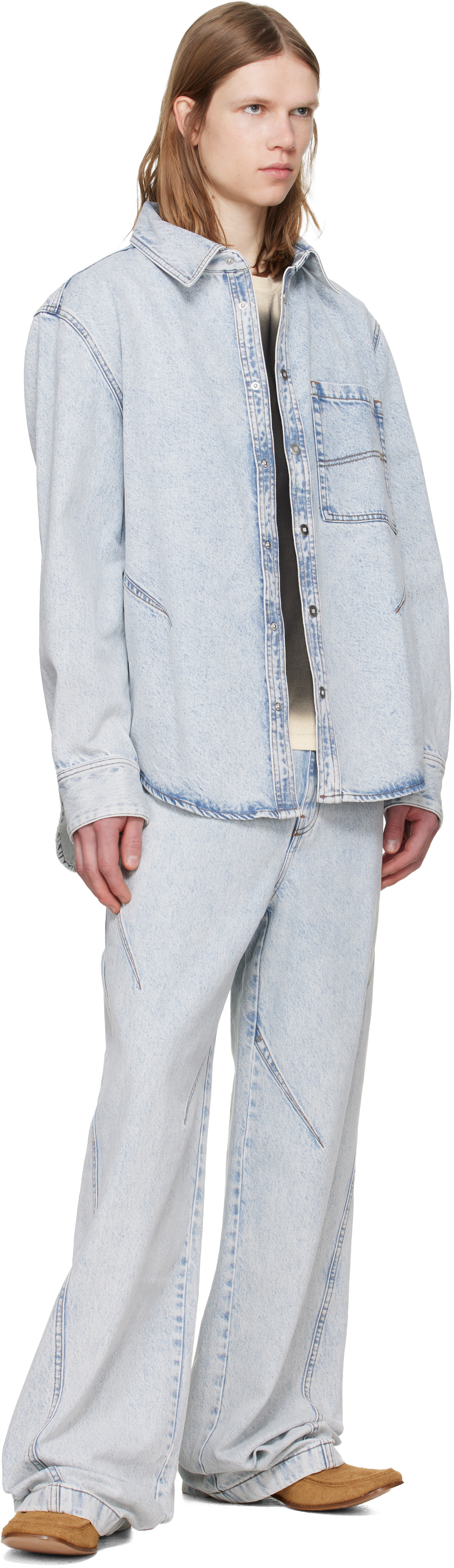 Blue Straight-Leg Light-Wash Pleats Jeans