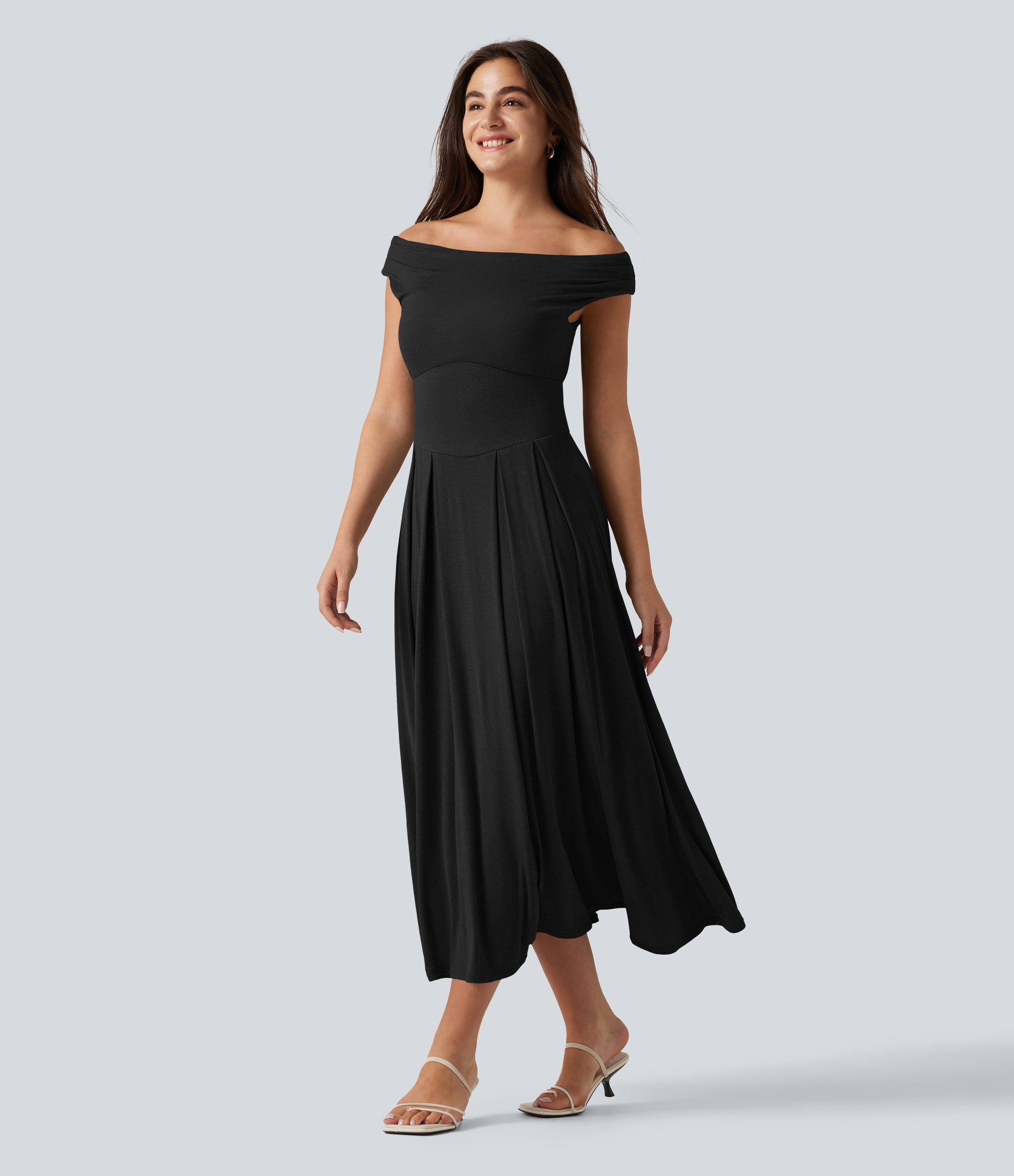 Ribbed Off Shoulder Tummy Control Midi Casual Flowy Dress Casual Dress - Black