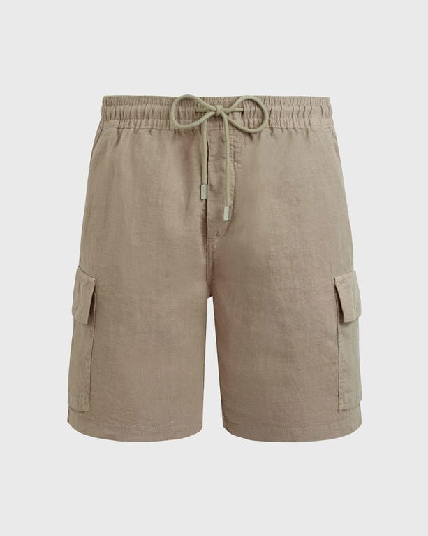 Men Linen Bermuda Shorts Cargo Pockets - Ber - Baie - Beige