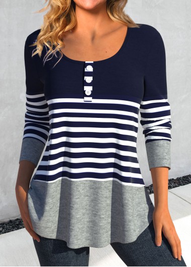 Modlily Navy Patchwork Striped Long Sleeve T Shirt