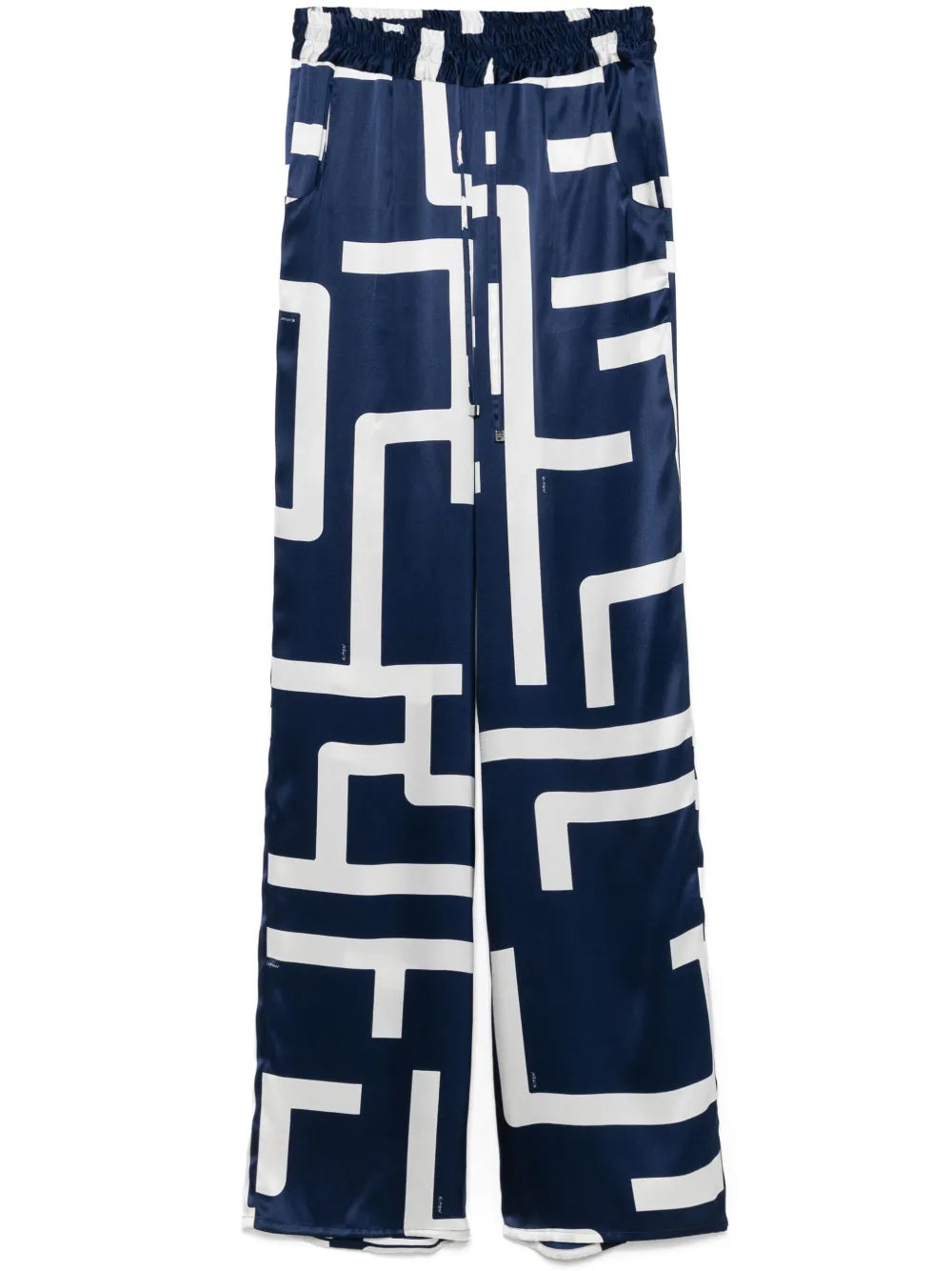 Geometric-Print Silk Trousers — Navy