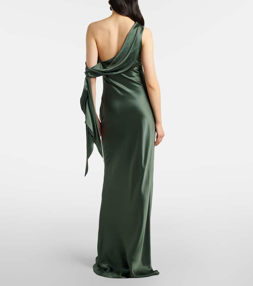 Draped asymmetric silk satin gown