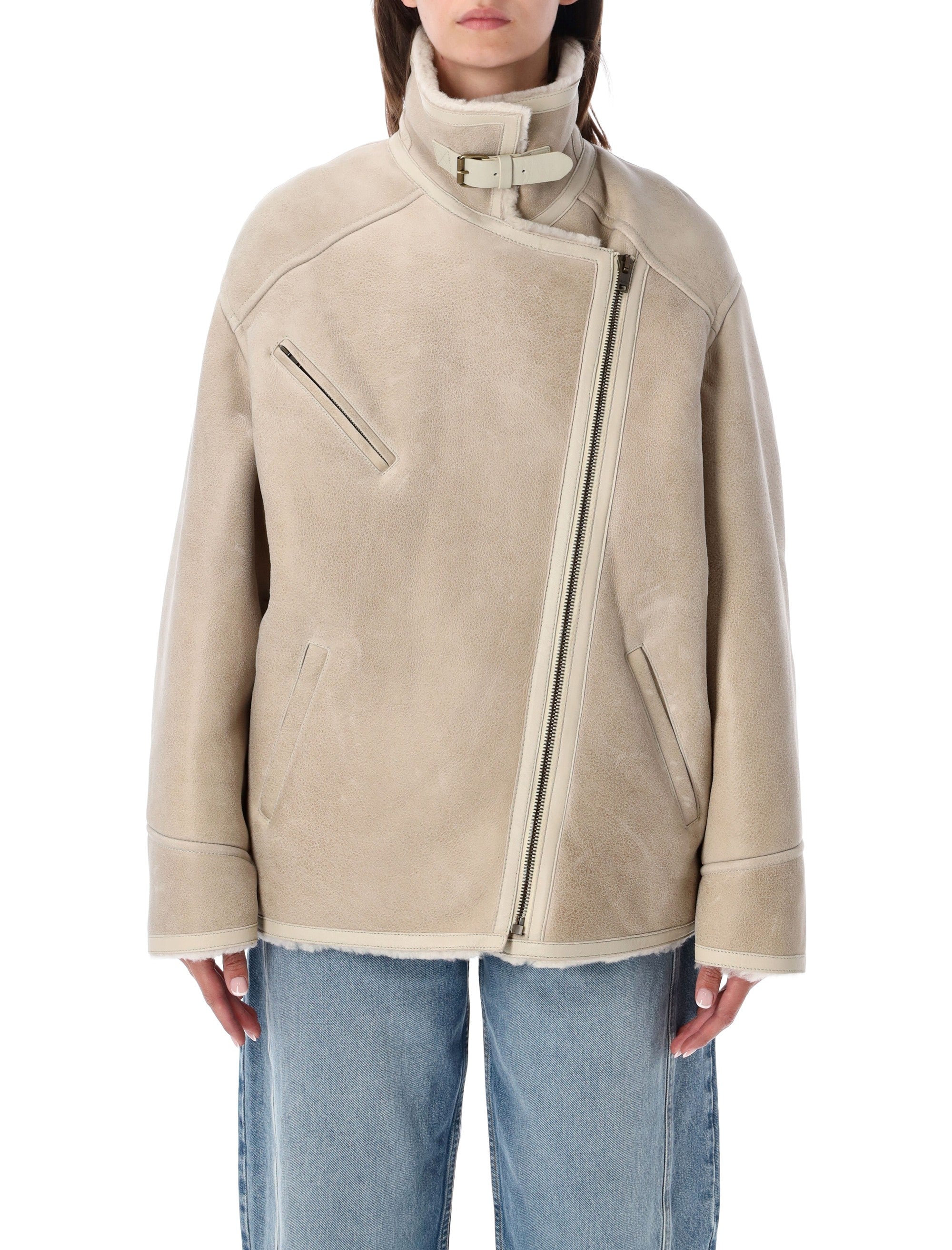 Adelina Shearling Jacket with Asymmetric Zip & High Buckled Collar