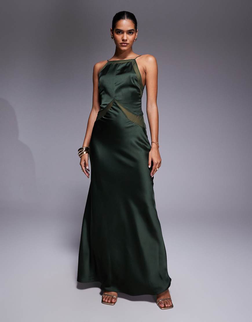 Satin chiffon mix square high neck maxi dress in dark green