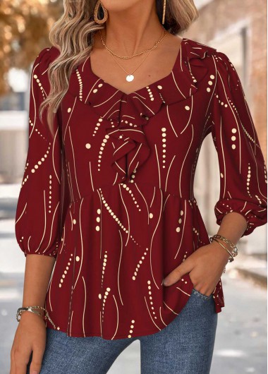 Modlily Red Geometric Print 3/4 Sleeve Heart Collar Blouse