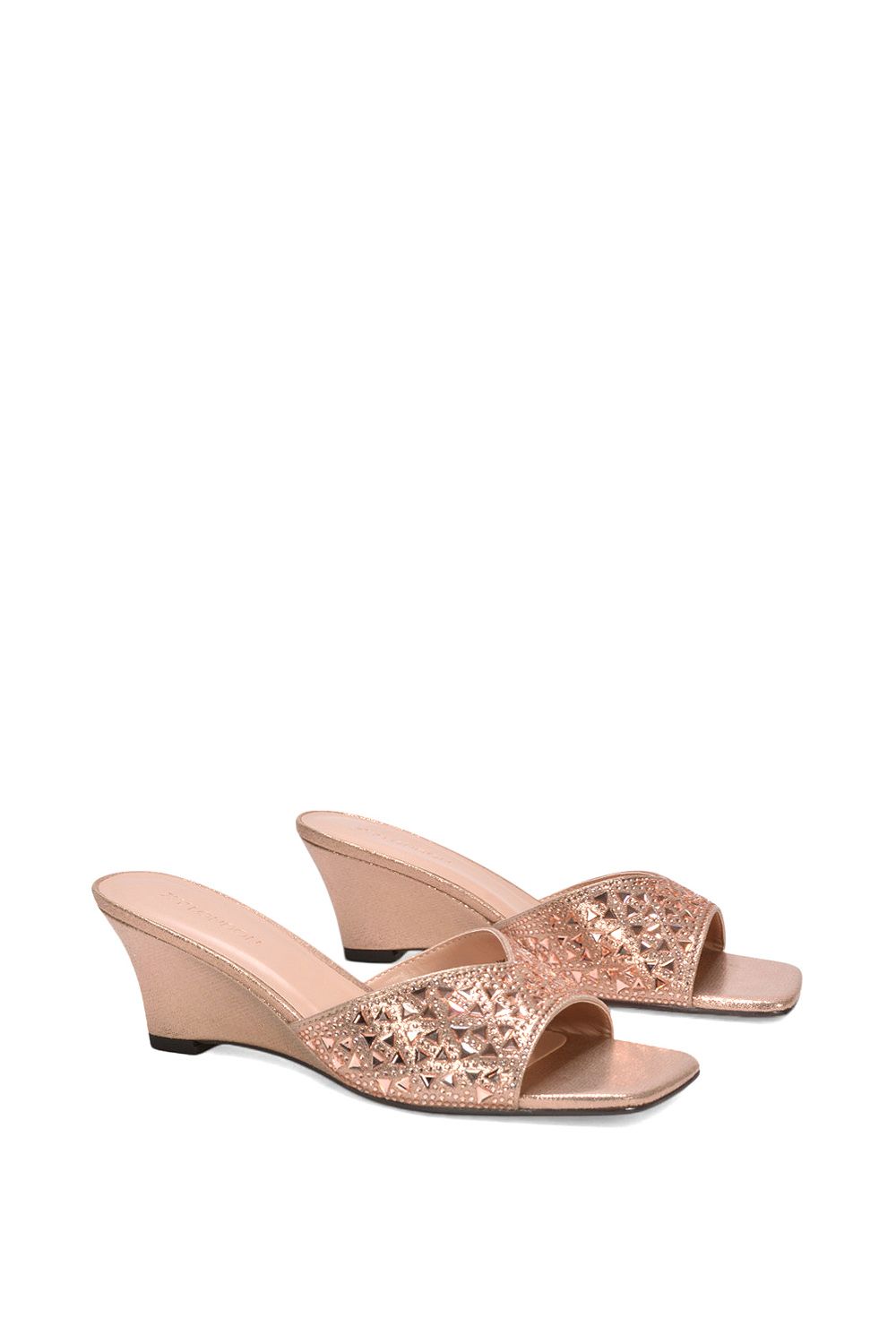 XY London Women's 'Georgia' Wedge Heel Diamante Square Peep Toe Heeled Mule Sandals in Rose Gold