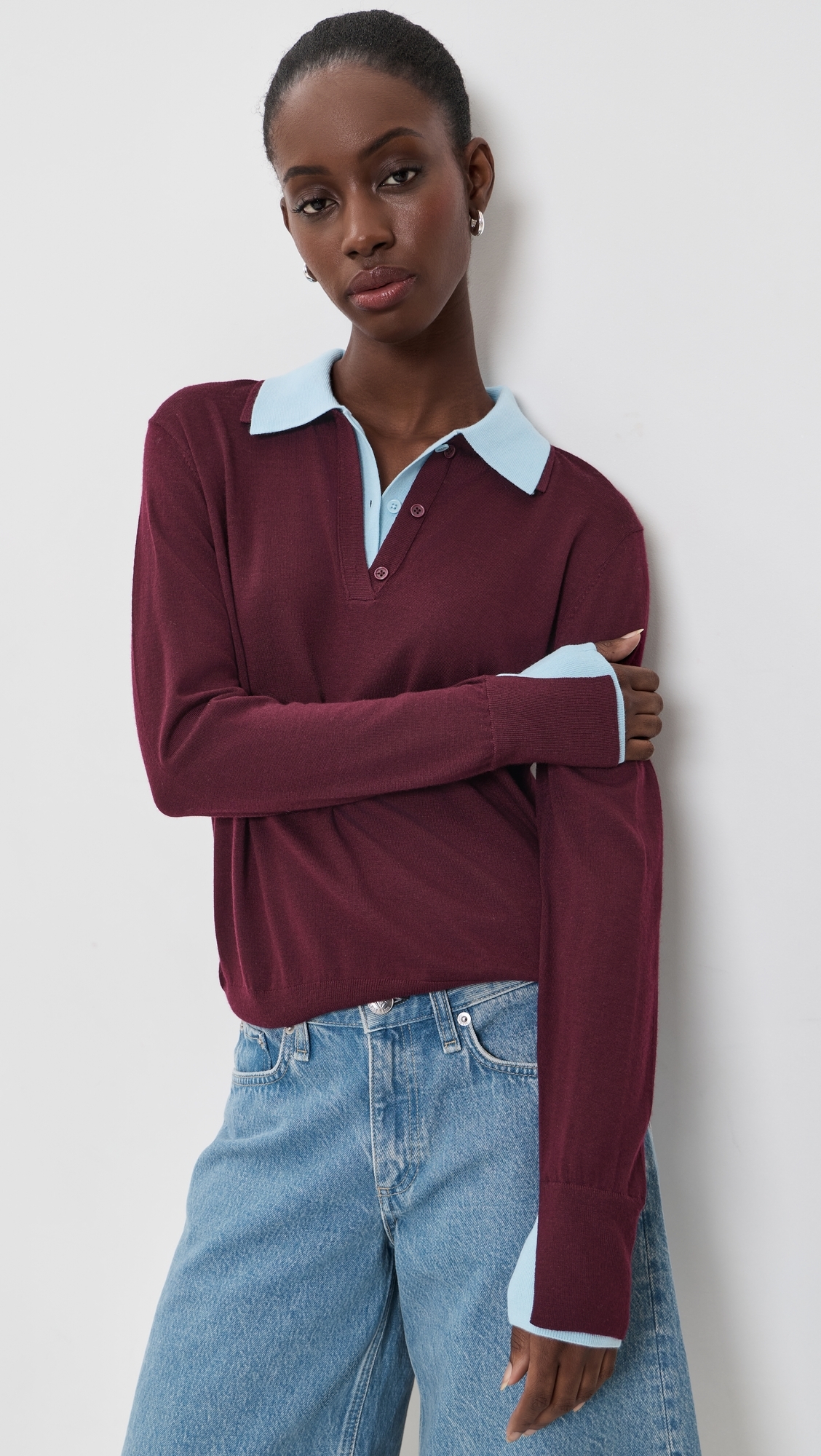 Superfine Merino Wool Layered Polo Black Cherry/Light Blue Trim