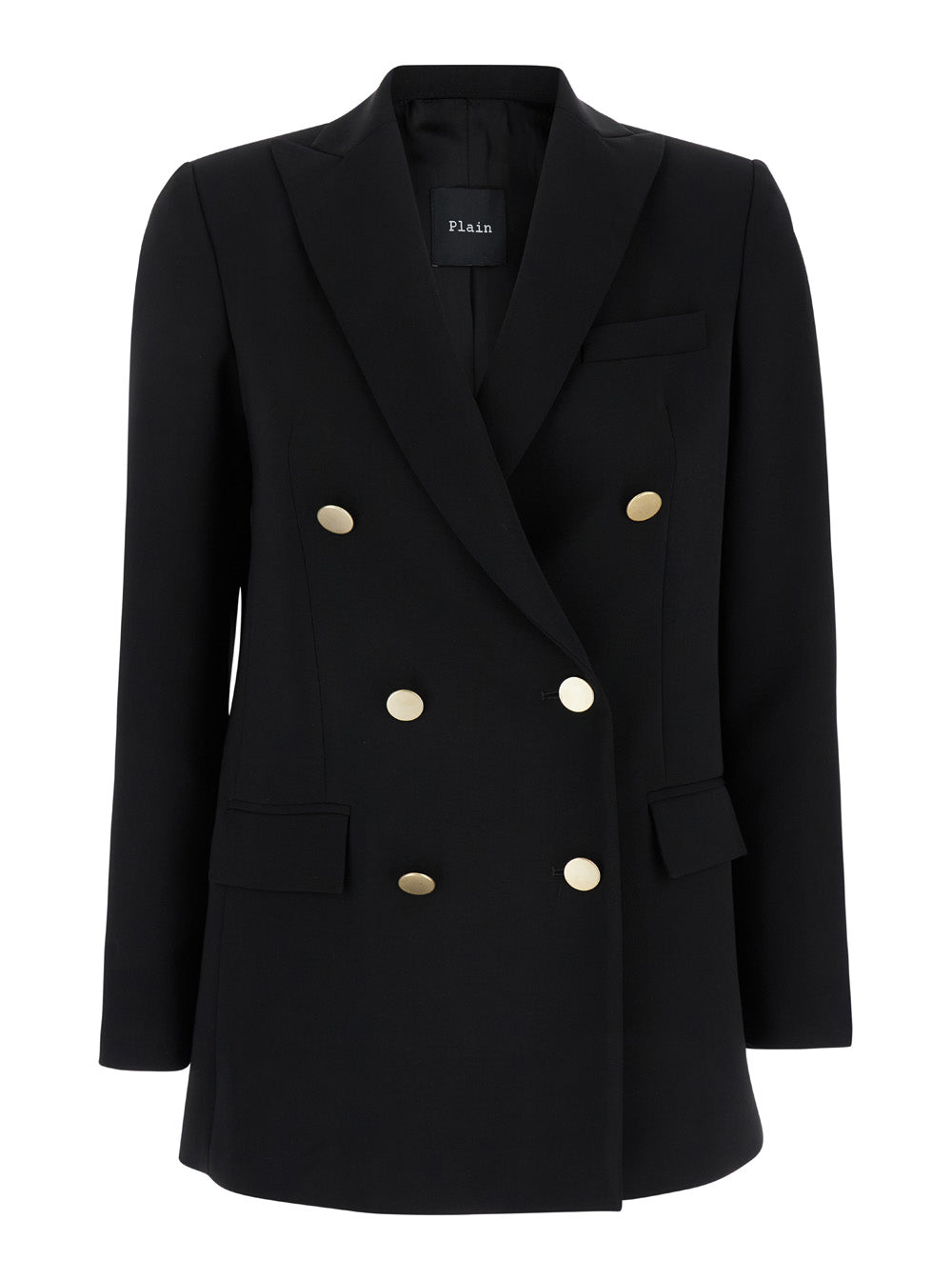 Double-Breasted Gold-Button Blazer — Black
