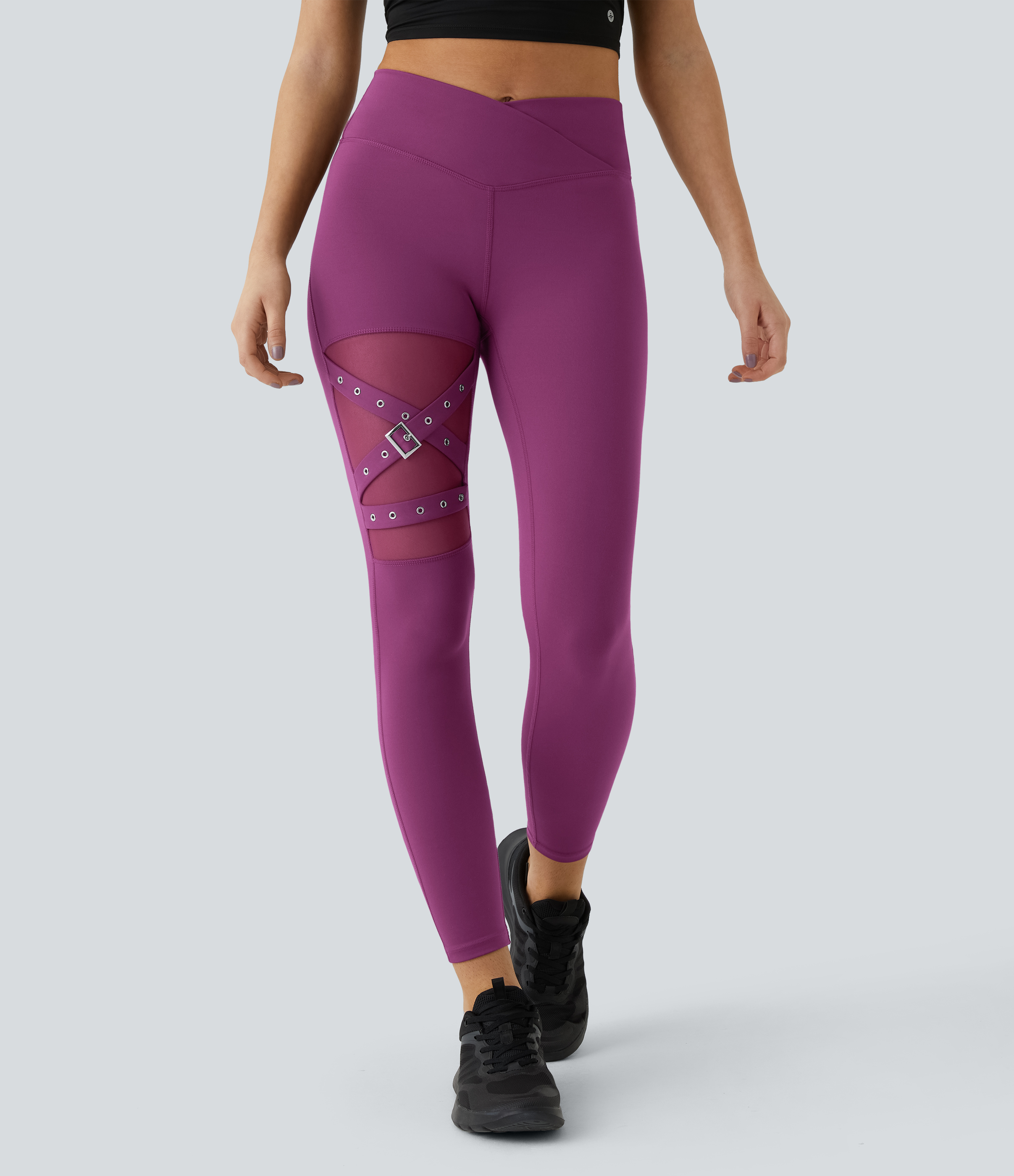High Waisted Crossover Contrast Mesh Decorative Buckle Yoga Leggings  - Deep Orchid