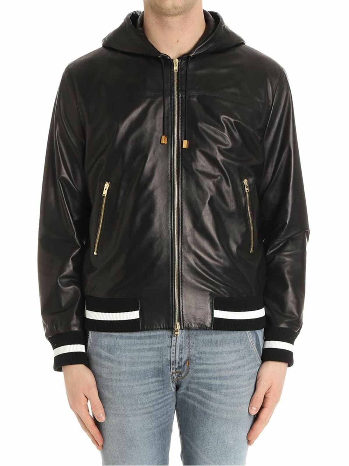 Black leather bomber jacket