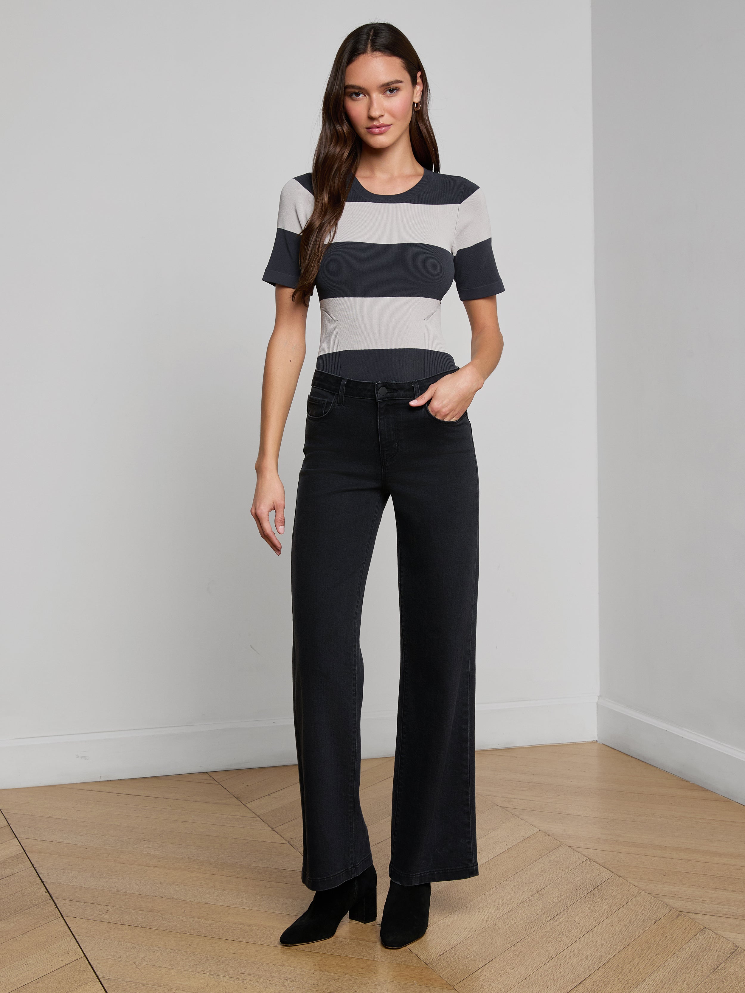Rosemond Bodysuit In Dark Slate/light Grey Stripe