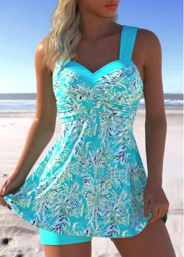 Modlily Surplice Leaf Print Cyan Swimdress and Short