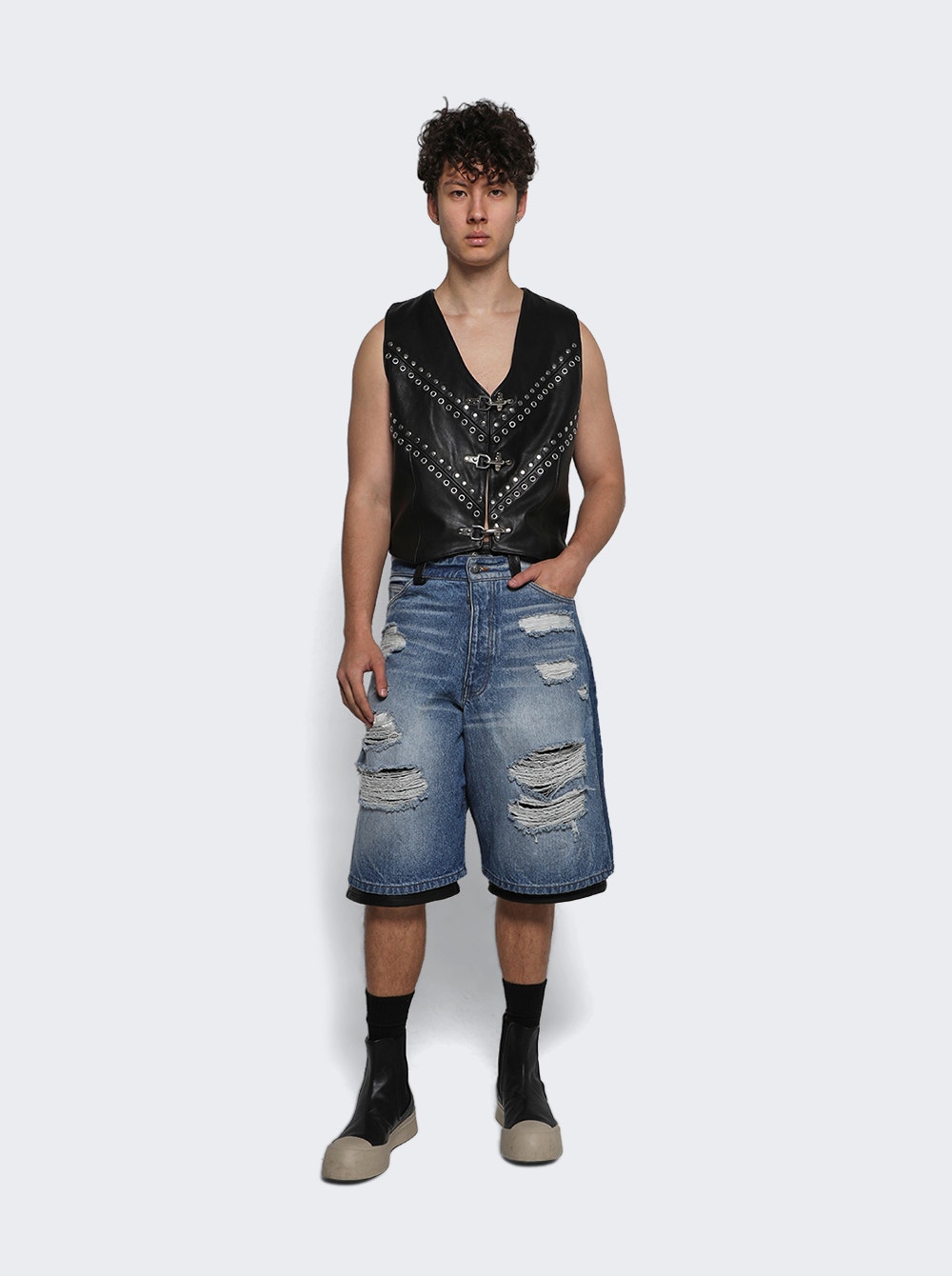 Stacked Denim And Leather Shorts Blue