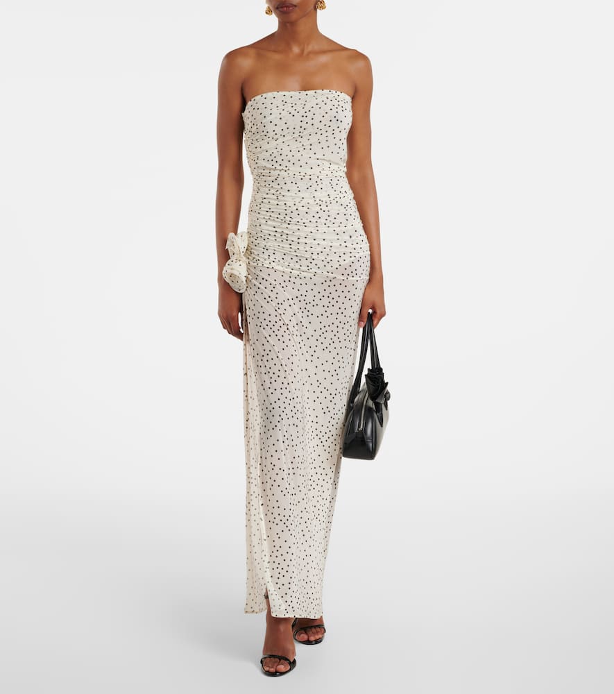 Floral-appliqué polka-dot maxi dress