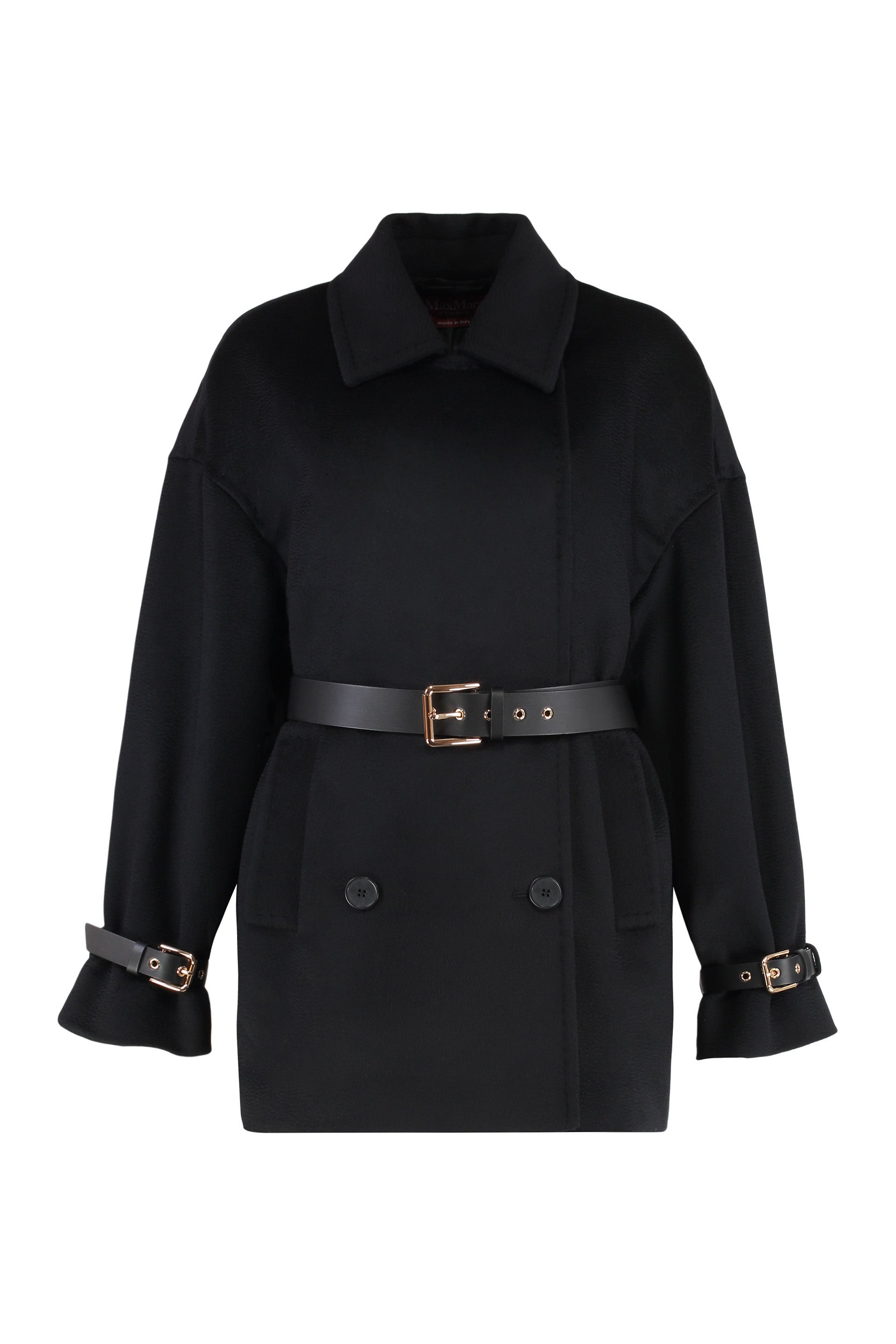 Pausa Double-Breasted Virgin Wool Jacket with Waist Belt