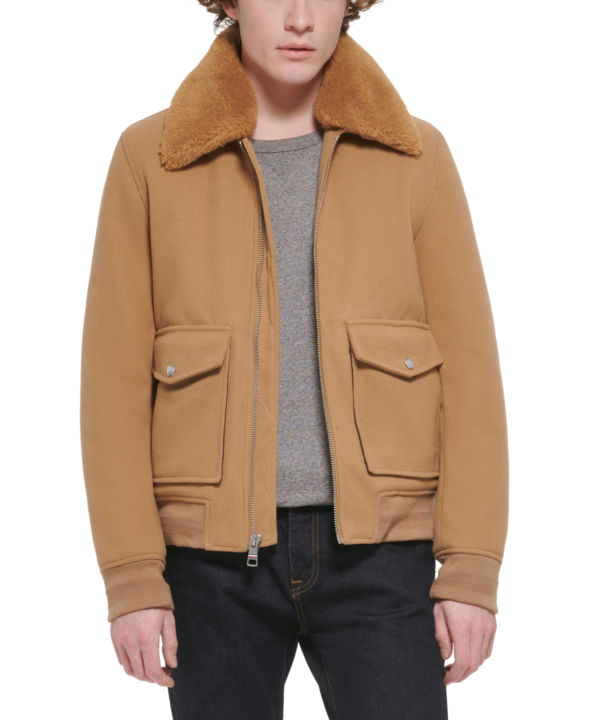 Men's Faux-Fur-Collar Bomber Jacket - Tan