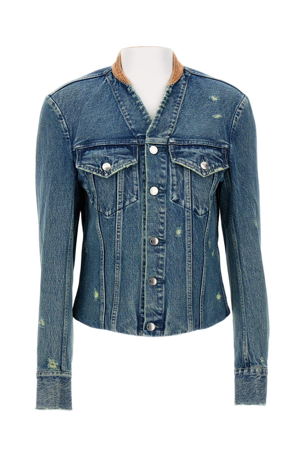 Cropped Denim Jacket With Contrasting Tan Collar And Structured Detailing