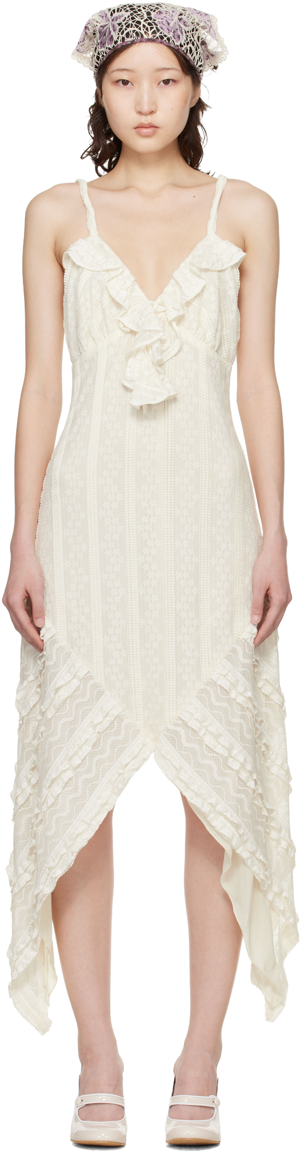 Off-White Floral Ruffle Stretch Lace Handkerchief Midi Dress