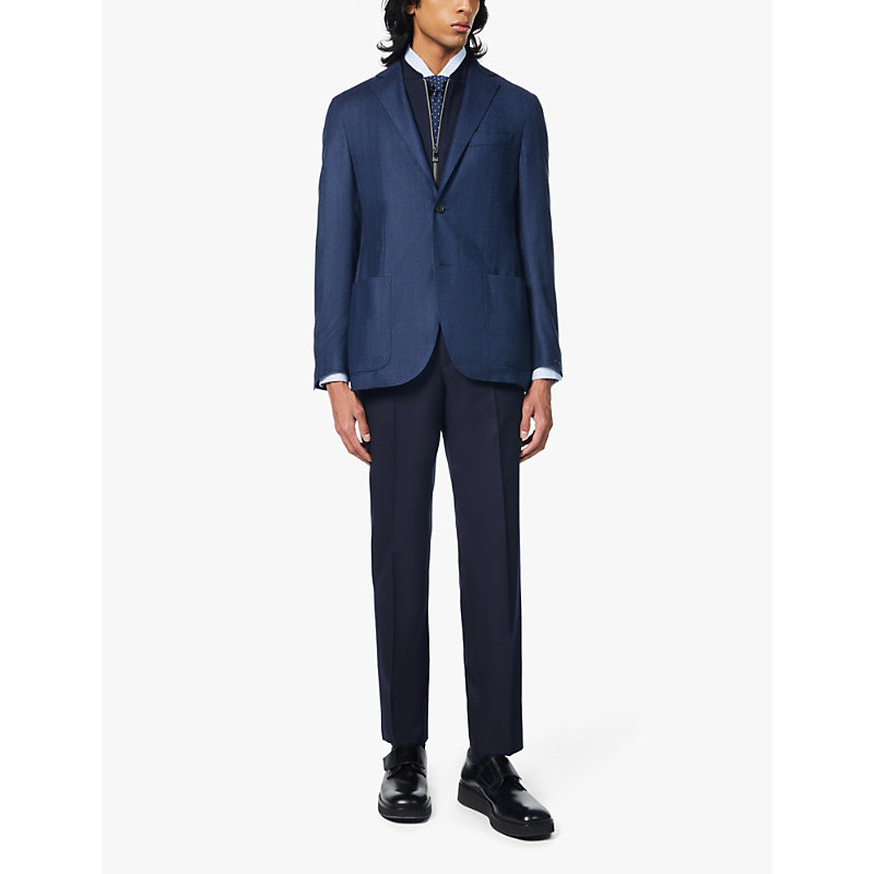 Mens Blue Herringbone Single-breasted Brushed Wool Blazer