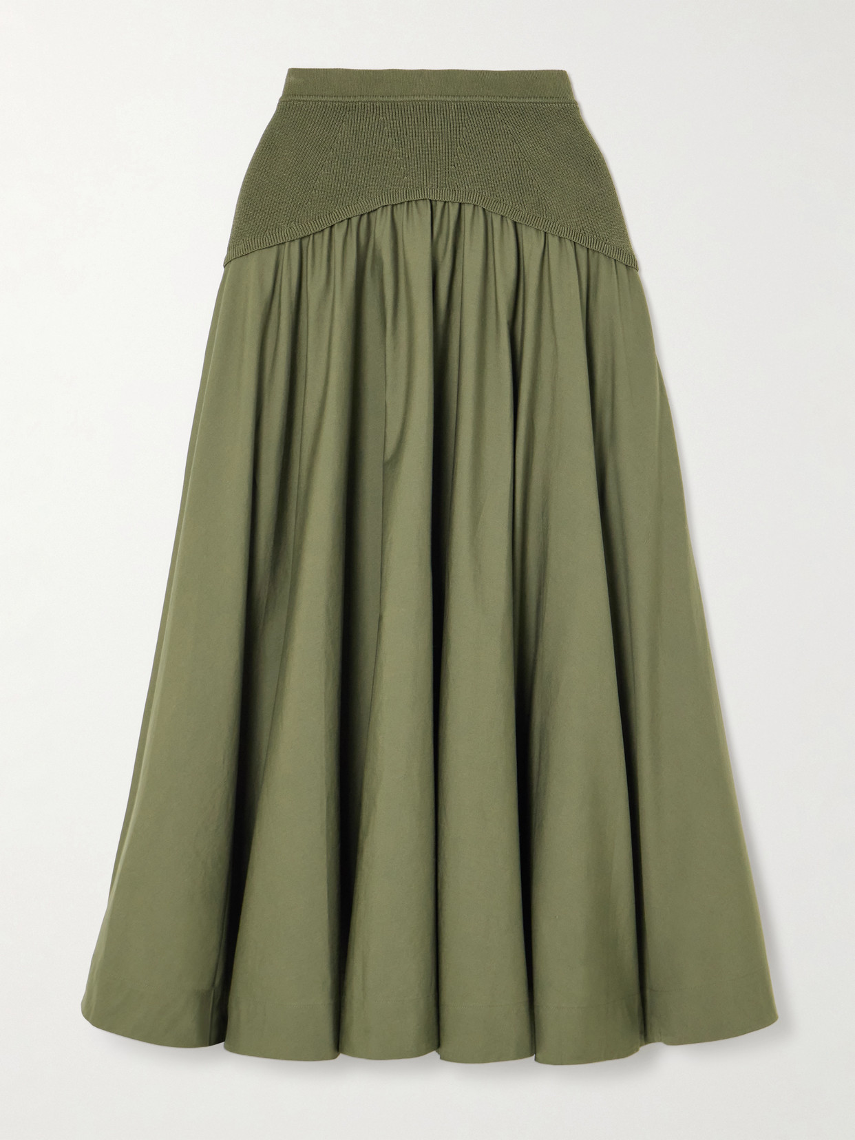 Ovie Pleated Ribbed-knit Trimmed Cotton-poplin Midi Skirt