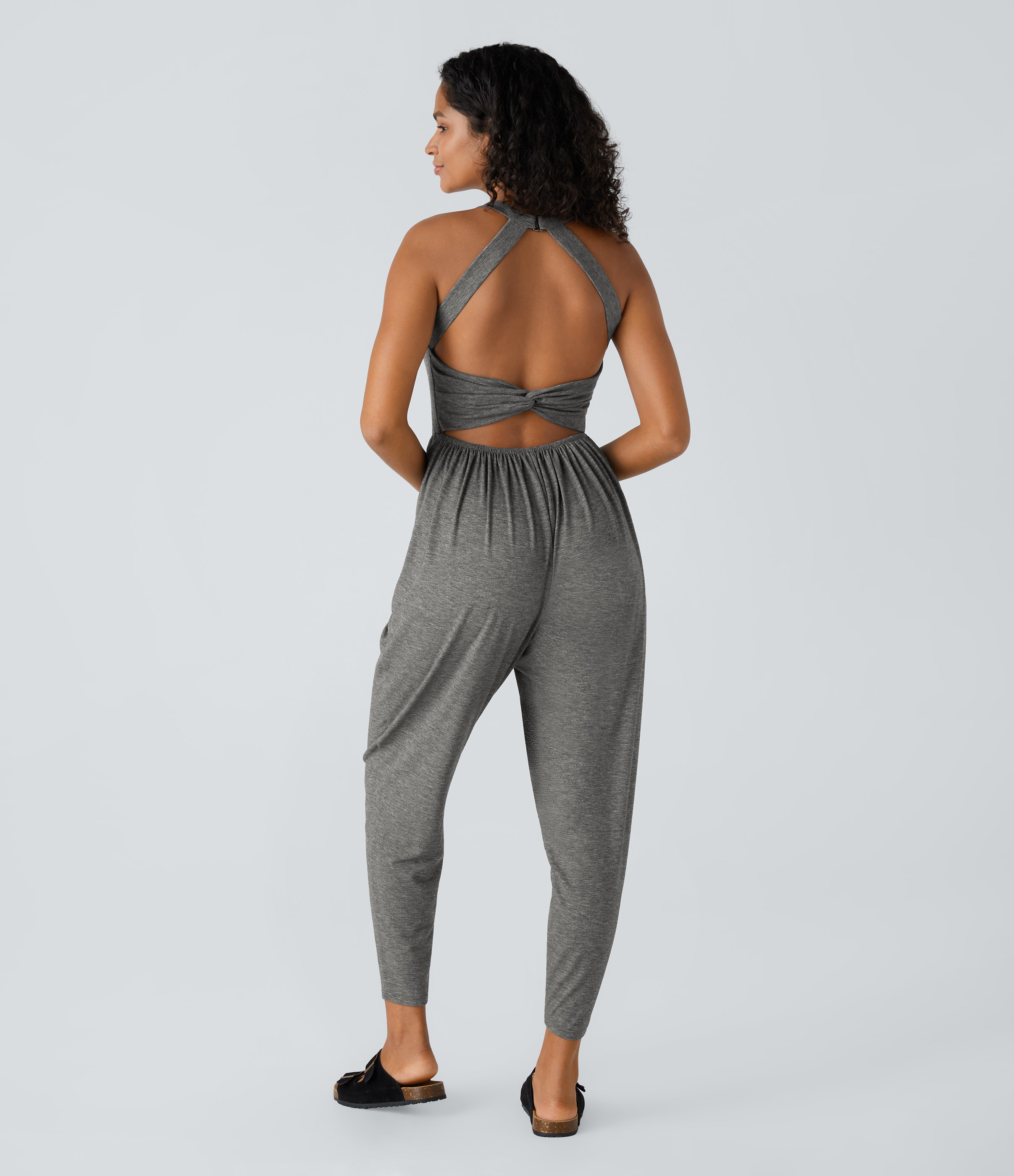 U Neck Pocket Harem Casual Jumpsuit-Easy Peezy Edition  - Darl Gray Floral Yarn