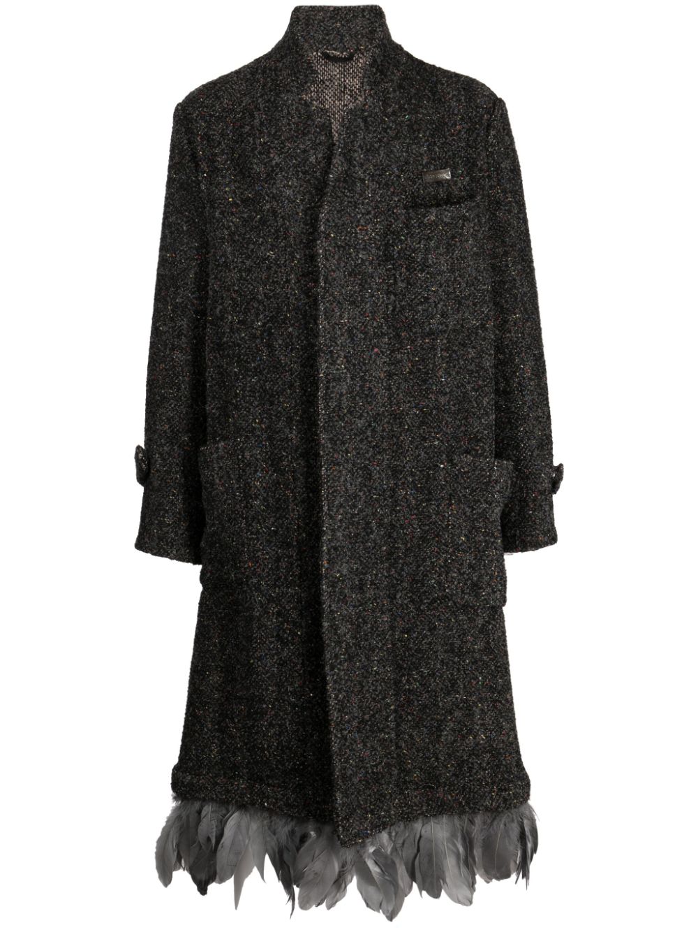 Feather-trim bouclé single-breasted coat - Grey