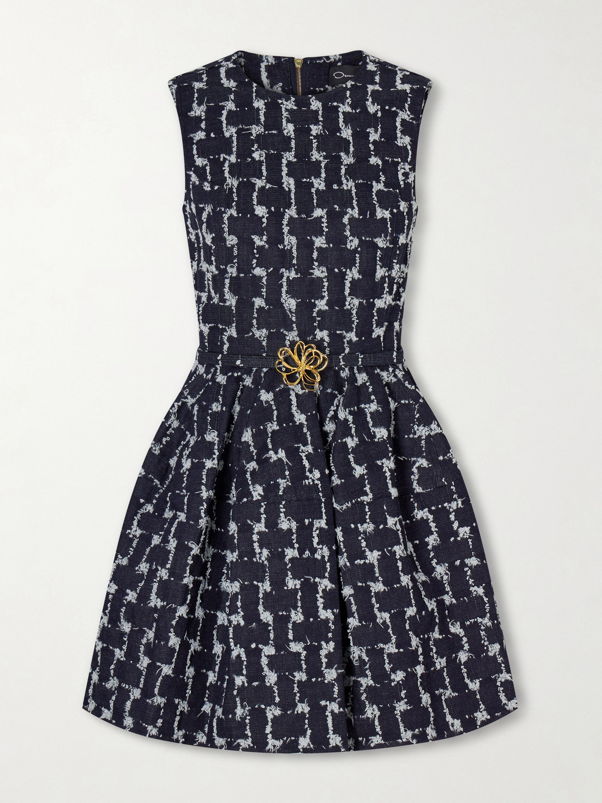 Belted Frayed Checked Denim Mini Dress - Blue