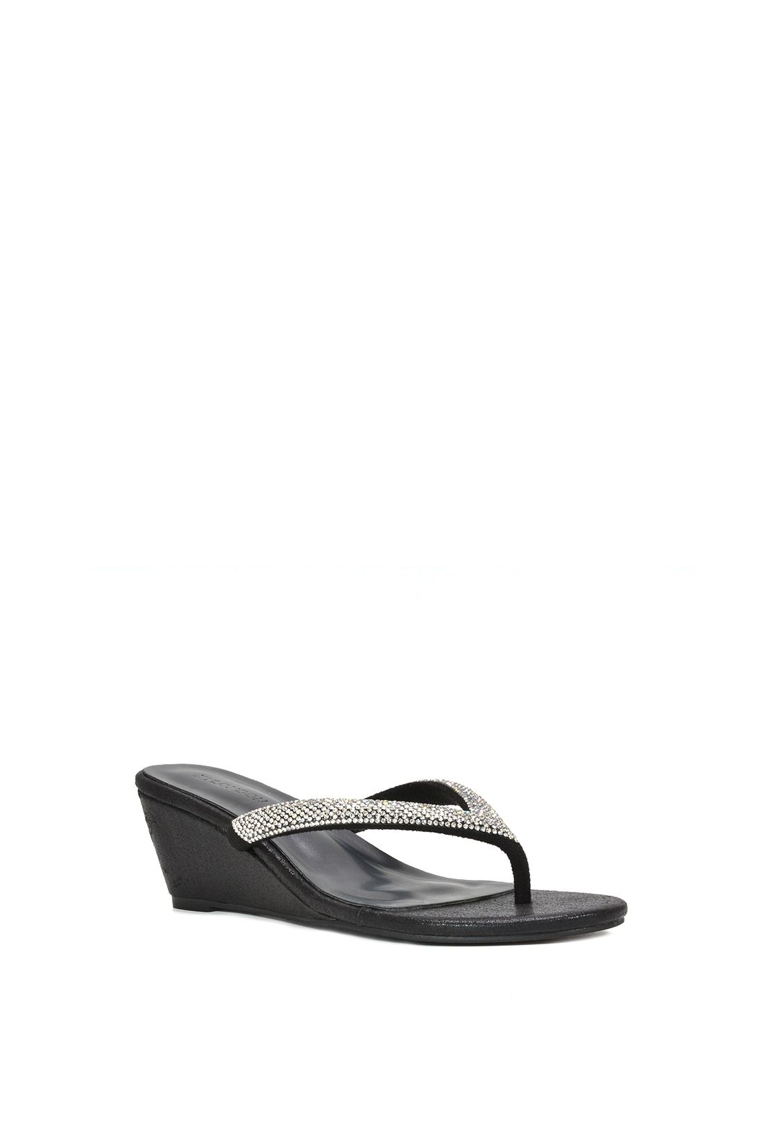 XY London Women's 'Nina' Wedge Heel Sandal Mules w/ Diamante Thong Strap in Black
