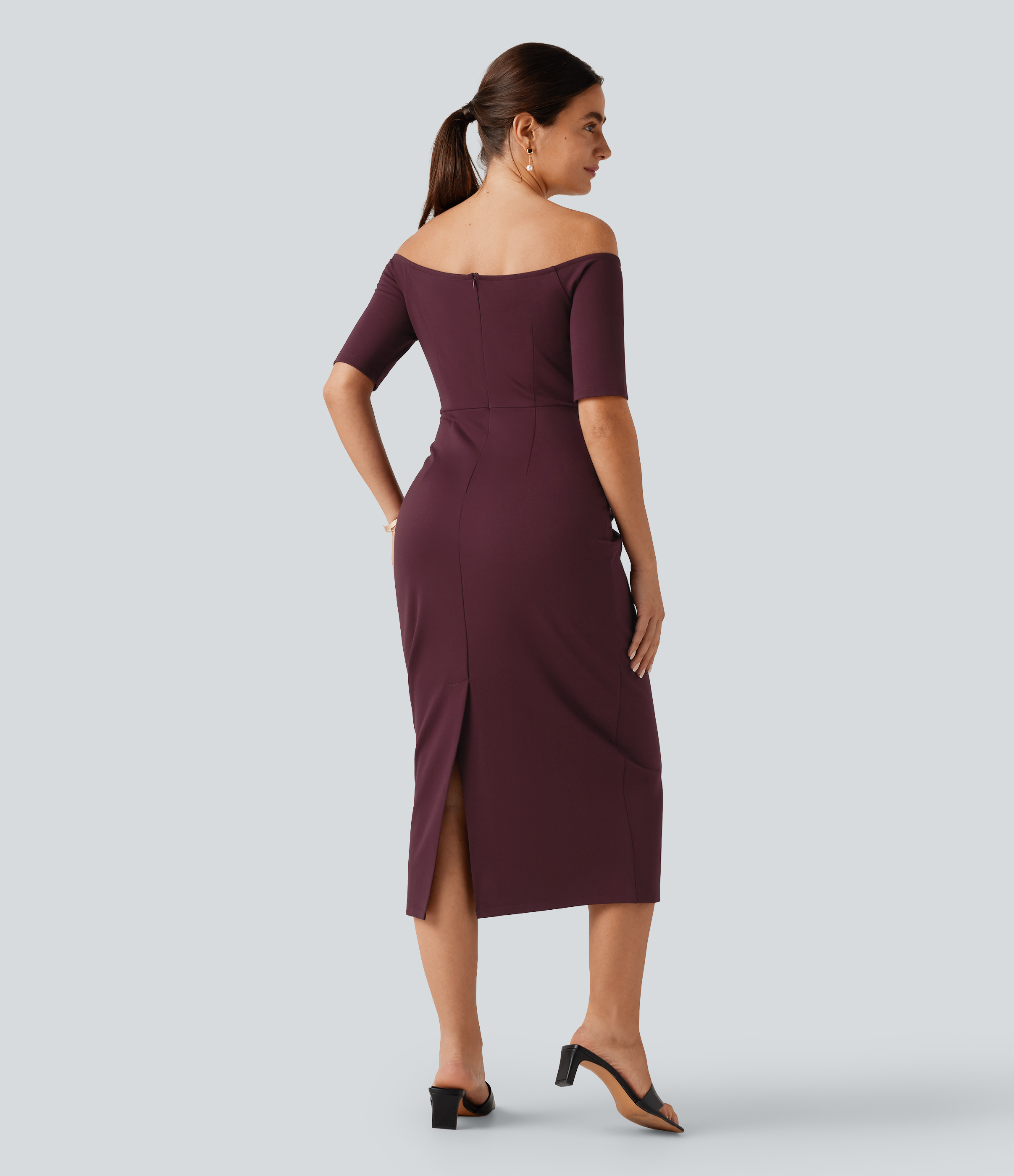 Off Shoulder Short Sleeve Bodycon Midi Dress Casual Dress - Deep Crimson