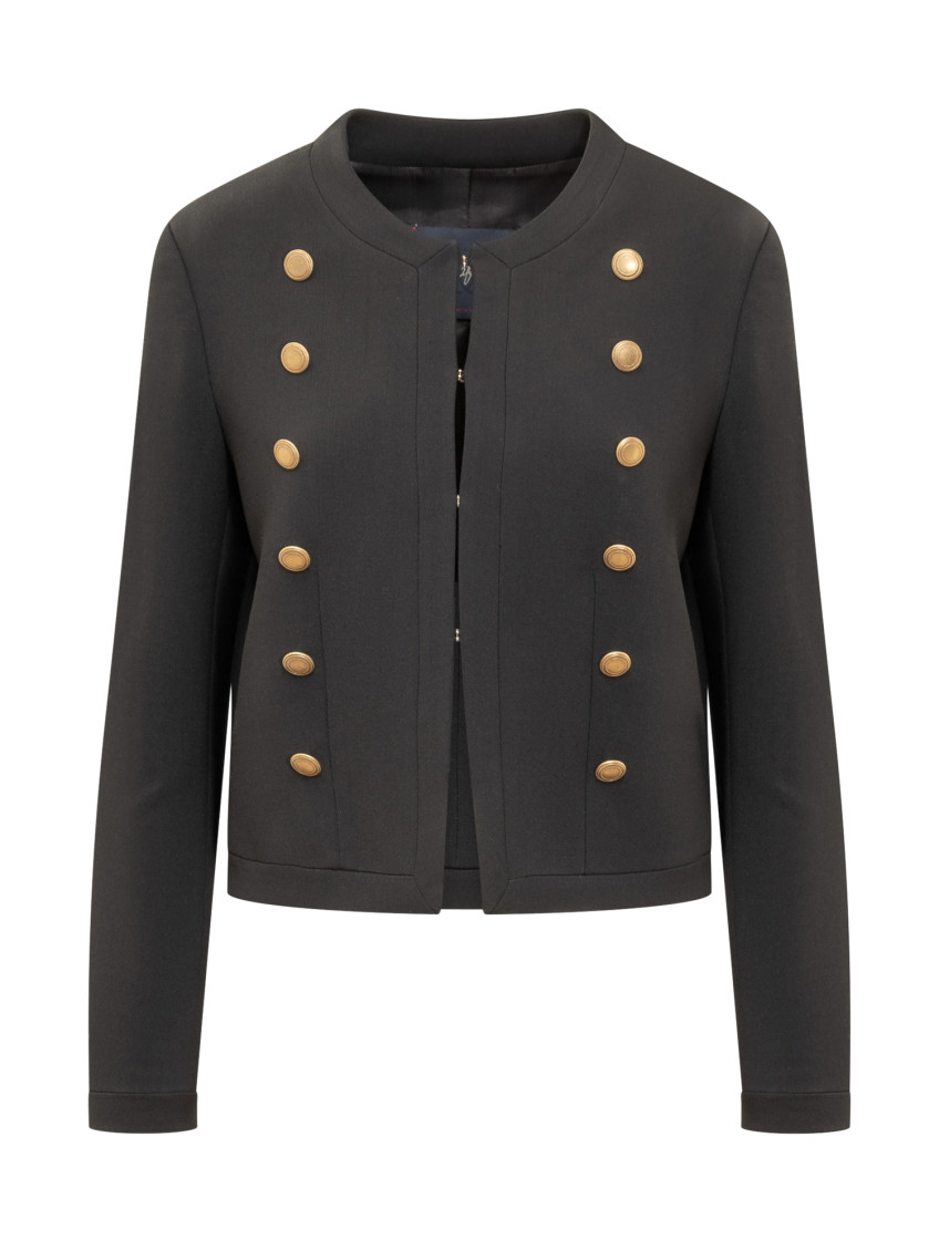 Black Solid Crew Neck Blazer