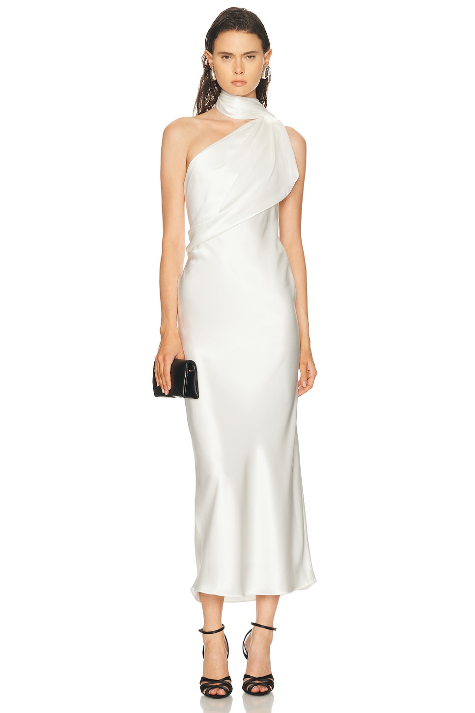 SEV Draped Scarf Neck Satin Dress in White
