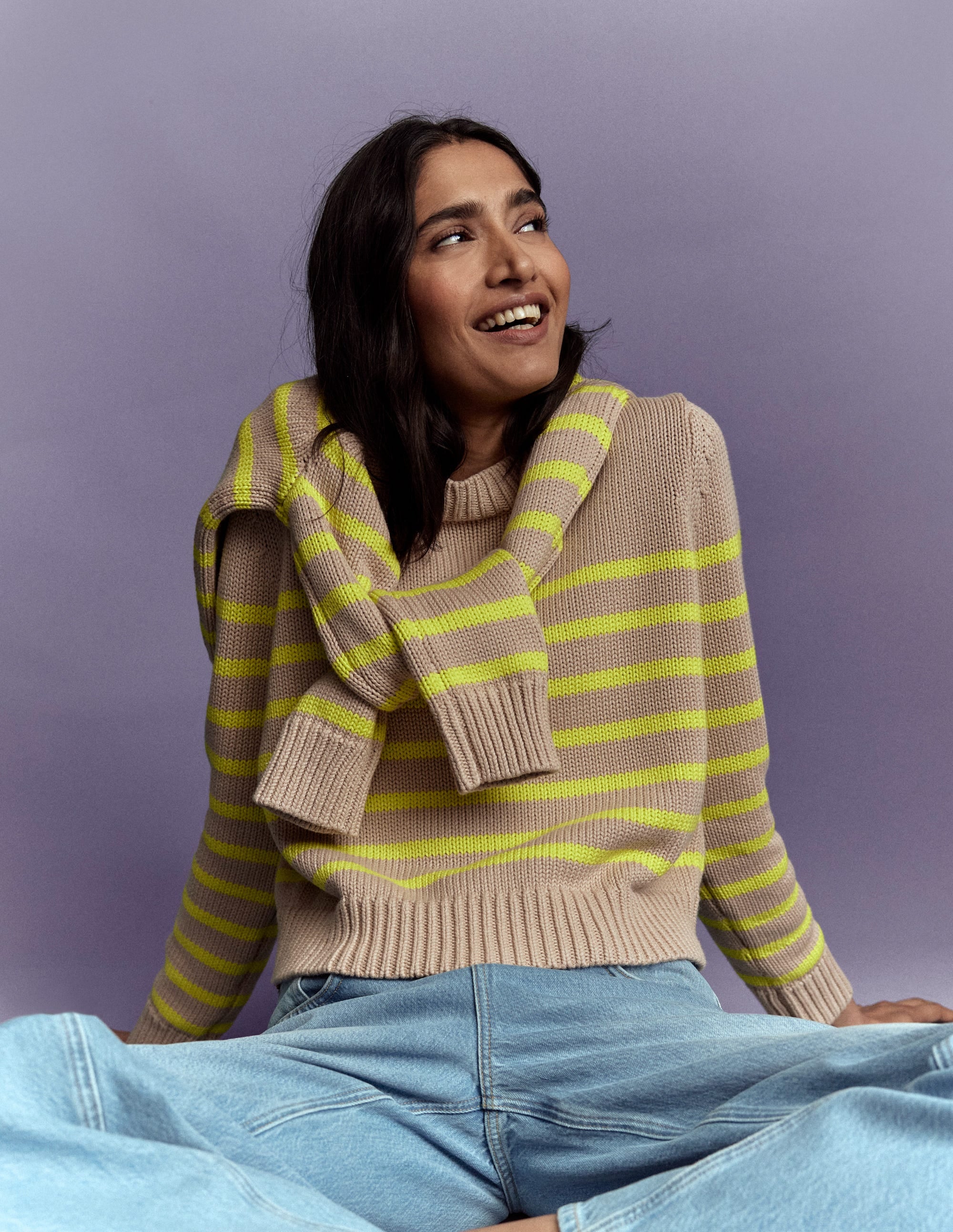 Lucy Chunky Cotton Sweater Camel Melange, Neon Stripe