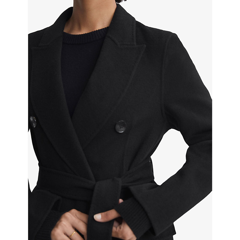 Womens Black Arla Double-breasted Belted Wool-blend Coat