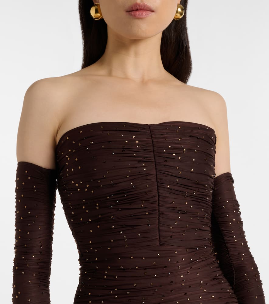 Ruched off-shoulder embellished jersey gown