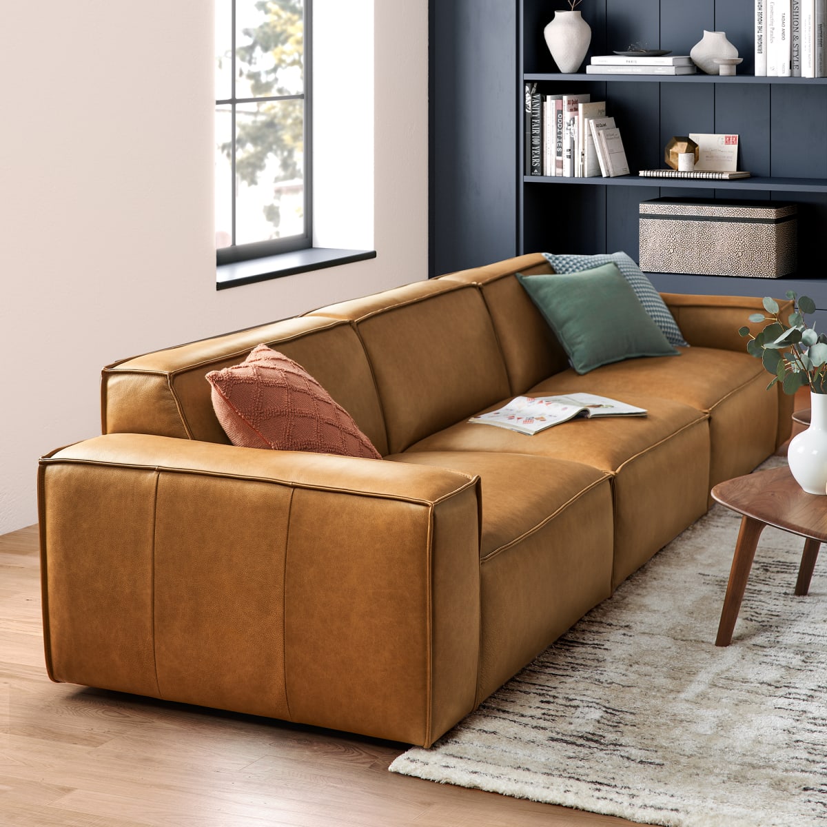Brown Leather Extended 3 Seater Sofa, Low-Profile