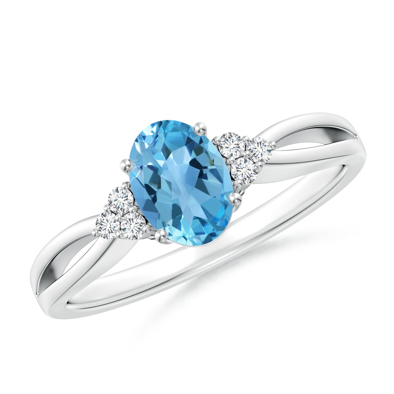Angara 0.95 Carat Oval Swiss Blue Topaz Split Shank Ring with Trio Diamonds in Platinum