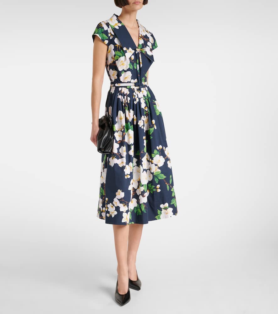 Floral pleated cotton-blend midi dress