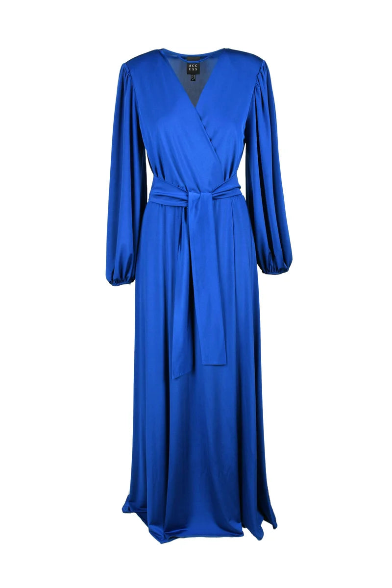 Midi-Length Wrap Dress with Puffed Sleeves