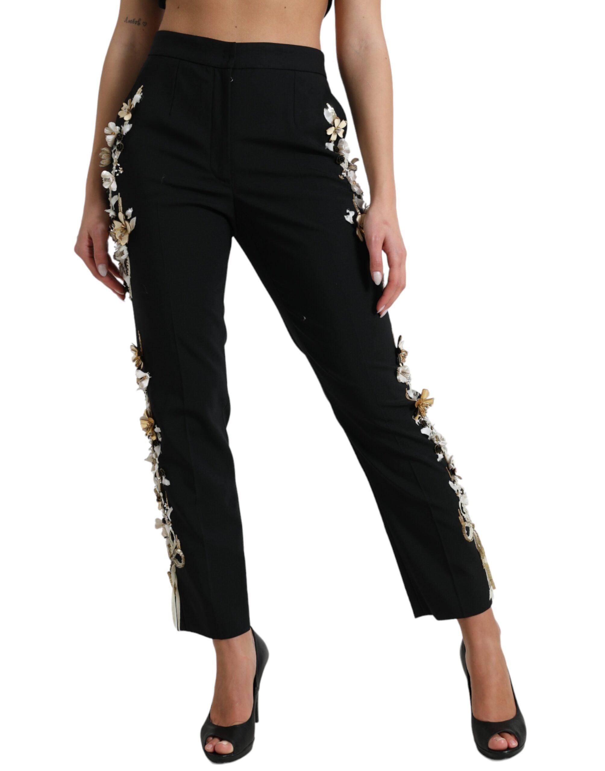 Floral Appliqué Virgin Wool Trousers — Black